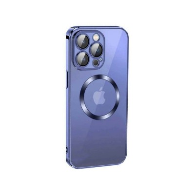 Husa iPhone 14 Plus, MagSafe Electro, Spate Transparent, Rama Albastra